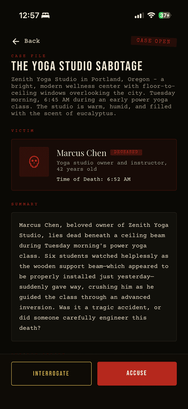 Case file screen showing murder mystery details