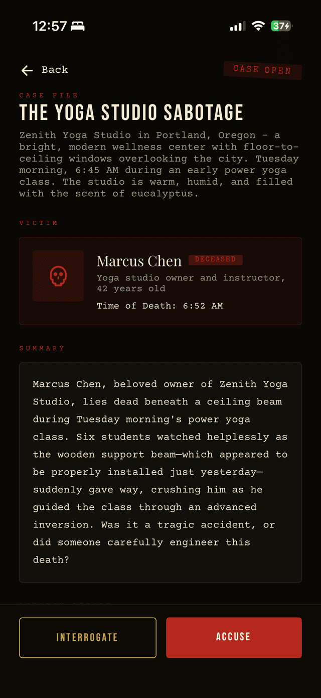 Case file with victim details and story summary