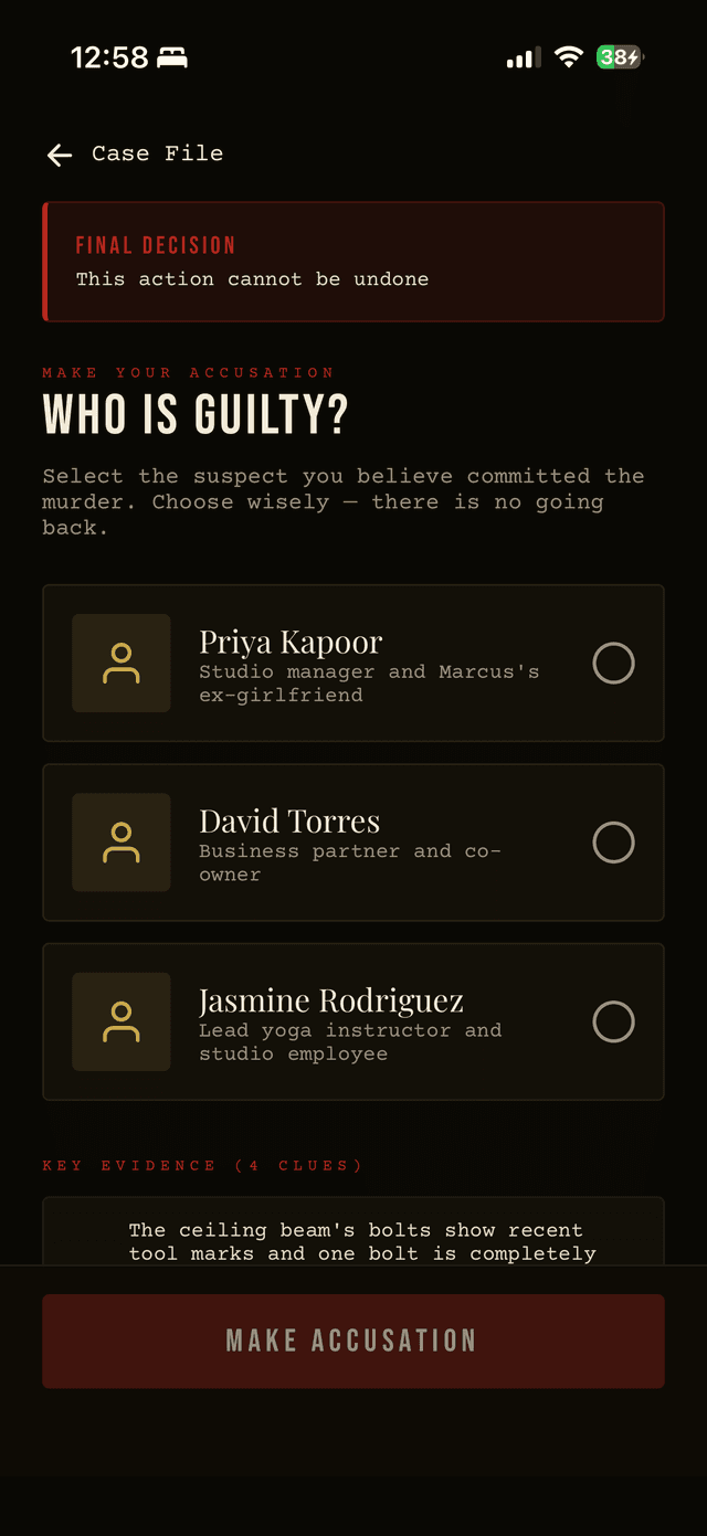 Accusation screen - choose the guilty suspect