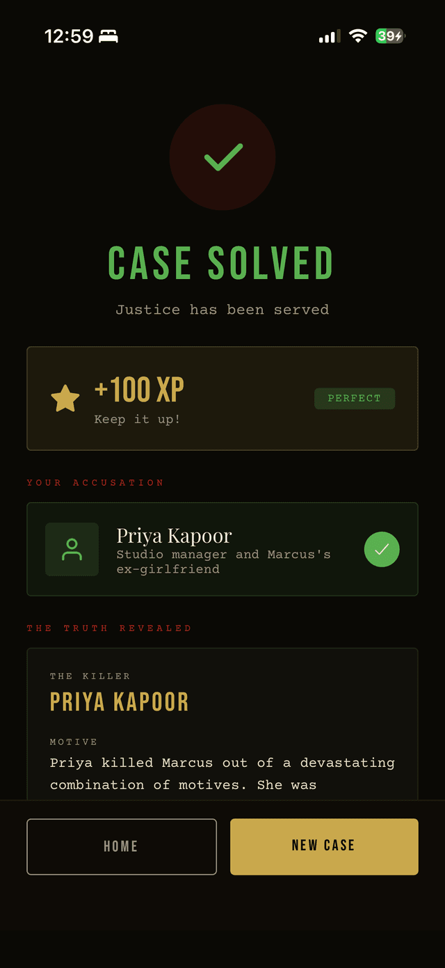 Case solved celebration with XP reward