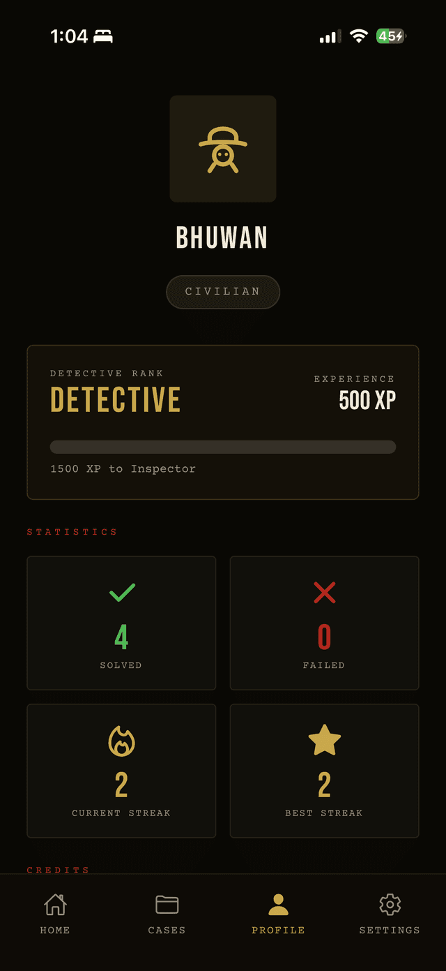 Detective profile with rank and statistics